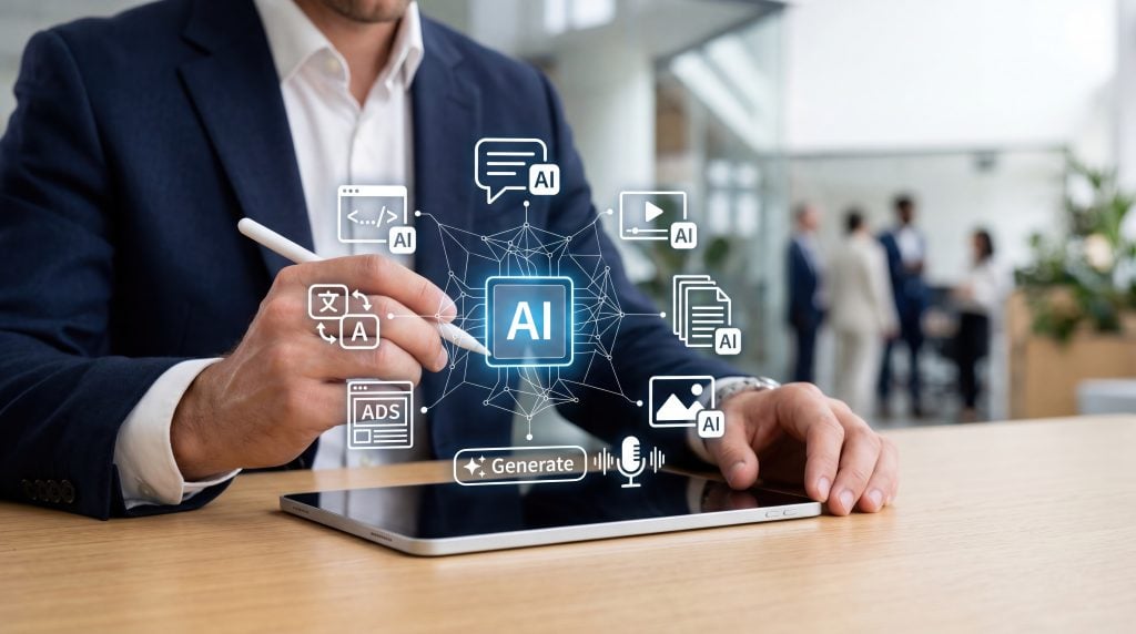 Choosing The Right AI Image Workflow For Modern Content Creation A person uses a stylus on a tablet displaying floating AI-related icons, representing artificial intelligence in various digital applications, in an office setting.