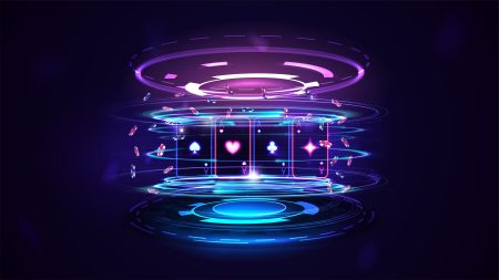 Why Online Casino Tech Stacks Are Becoming More Modular In 2026 A digital slot machine with spinning reels displays card suit symbols in neon colors, surrounded by glowing chips and futuristic light effects on a dark background.