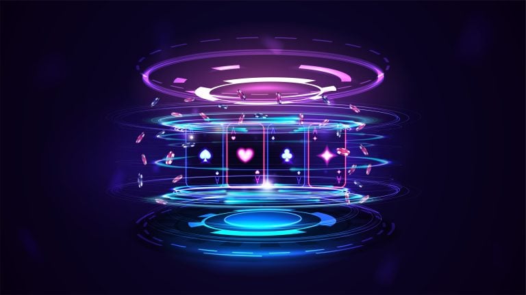 A digital slot machine with spinning reels displays card suit symbols in neon colors, surrounded by glowing chips and futuristic light effects on a dark background.