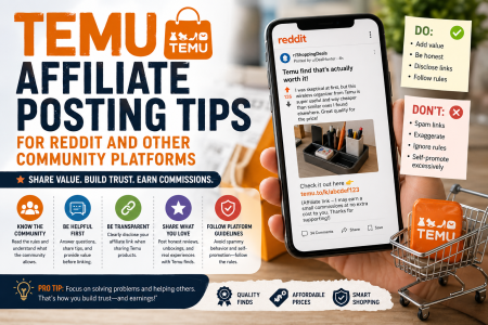 Temu affiliate posting tips infographic with a Reddit post example, sharing advice such as knowing the community, being helpful, being transparent, following rules, and avoiding spam.
