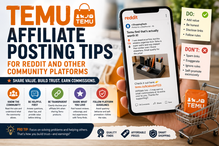 Temu Affiliate Posting Tips for Reddit And Other Community Platforms Temu affiliate posting tips infographic with a Reddit post example, sharing advice such as knowing the community, being helpful, being transparent, following rules, and avoiding spam.