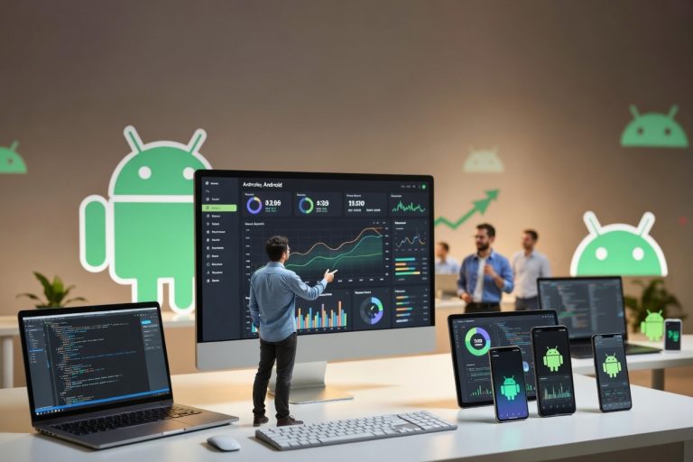 Two Billion Devices: Why Startup Founders Cannot Deprioritize Hiring Android Developers A person interacts with charts on a large computer screen, surrounded by Android devices and laptops, in an office with Android logos on the walls.