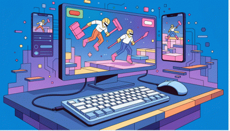 How Android Emulators Make Mobile Gaming More Accessible on PC Illustration of a computer, keyboard, mouse, phone, and tablet displaying a video game with two characters running and jumping with hammers on a colorful digital background.