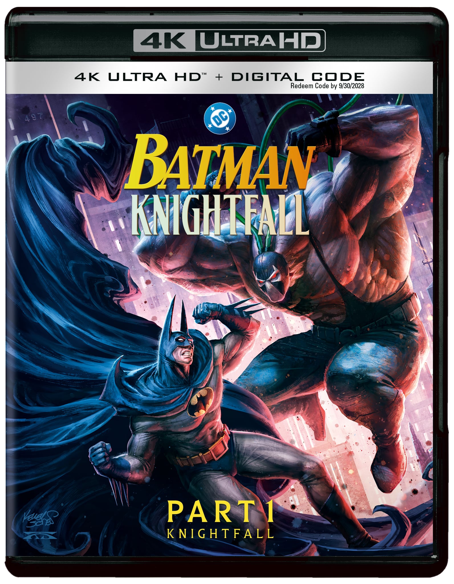 Batman faces off against Bane in a dramatic night scene on the cover of the "Batman: Knightfall Part 1" 4K Ultra HD and digital code edition.