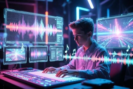 Best AI Music Video Generator In 2026: Which Tool Is Right For Musicians? A young person uses a digital audio workstation with multiple holographic screens showing waveforms, music notes, and colorful sound visualizations in a modern studio.