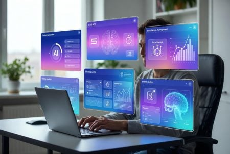 Person working at a laptop with multiple floating digital screens displaying AI graphics, data charts, brain imagery, and analytic dashboards in a modern office setting.