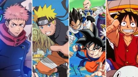 The Best Anime To Watch Right Now: Your Summer 2026 Watchlist Four panels featuring main characters from popular anime: Jujutsu Kaisen, Naruto, Dragon Ball Z, and One Piece, each in dynamic poses.