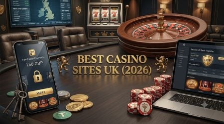 Best Casino Sites UK: Top Casino Sites And Non GamStop Casinos Reviewed Casino-themed office with roulette wheel, poker chips, gold coins, laptop, and phone displays. Text reads "Best Casino Sites UK (2026)" with UK map and regulations chart in the background.