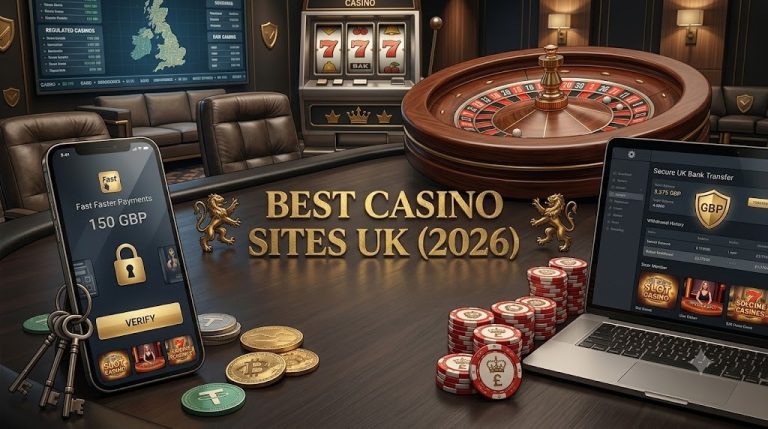 Casino-themed office with roulette wheel, poker chips, gold coins, laptop, and phone displays. Text reads "Best Casino Sites UK (2026)" with UK map and regulations chart in the background.