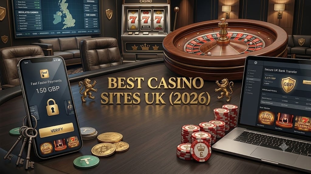Casino-themed office with roulette wheel, poker chips, gold coins, laptop, and phone displays. Text reads "Best Casino Sites UK (2026)" with UK map and regulations chart in the background.