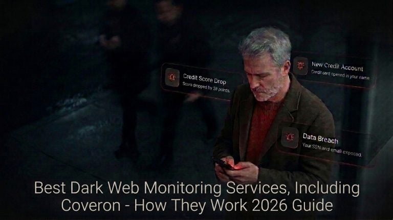 A man looks at his phone on a dark street, with alerts for credit score drop, new credit account, and data breach appearing beside him. Text: "Best Dark Web Monitoring Services 2026 Guide.