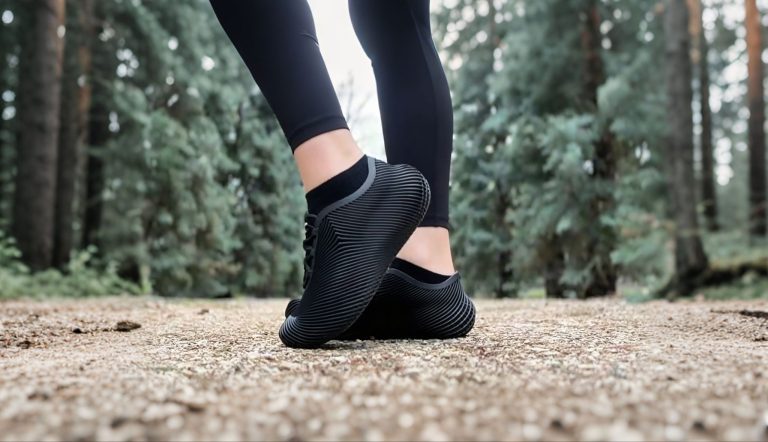 Person wearing black athletic shoes and leggings standing on a gravel path in a forest, with trees visible in the background.