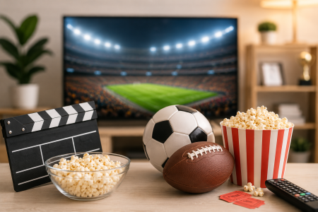 A soccer ball, football, popcorn, movie clapperboard, and TV remote sit on a table in front of a TV displaying a stadium scene.