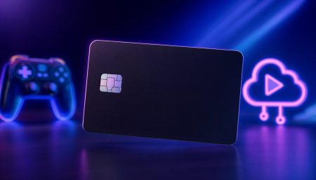 The Best US Dollar Prepaid Cards For Gaming And Subscriptions A black credit card floats in front of neon gaming and cloud icons, with a game controller and cloud symbol visible in the background.