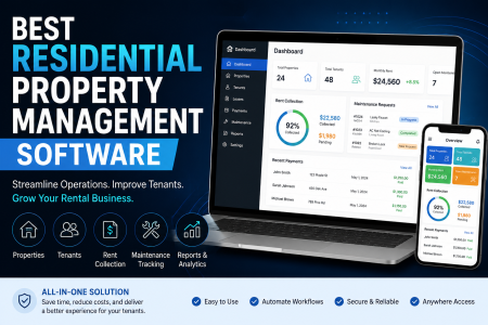 Best Residential Property Management Software Laptop and smartphone display property management dashboard; blue and white banner promotes residential property management software features and benefits.