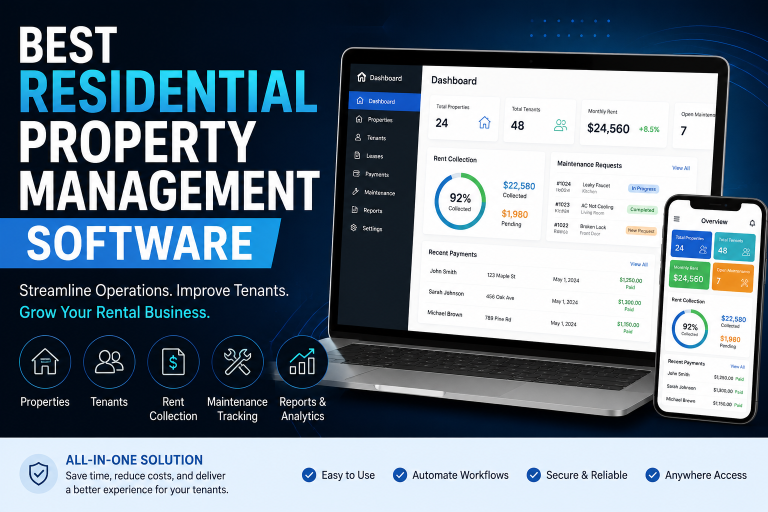 Best Residential Property Management Software Laptop and smartphone display property management dashboard; blue and white banner promotes residential property management software features and benefits.