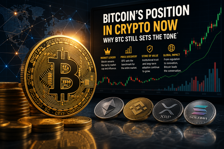 A large Bitcoin coin is displayed in front of smaller coins for Ethereum, XRP, and Solana, with a chart and headline about Bitcoin's current position in the cryptocurrency market in the background.