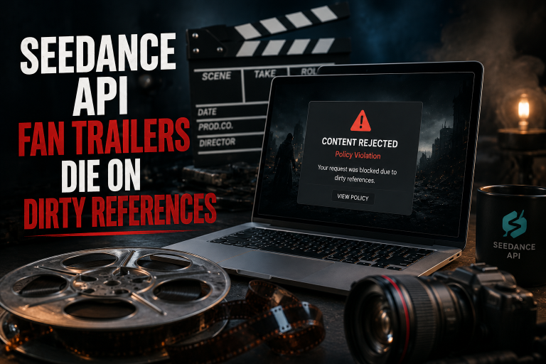 A laptop displays a “Content Rejected” warning. Film equipment surrounds it, with bold text reading, “Seedance API fan trailers die on dirty references.”.