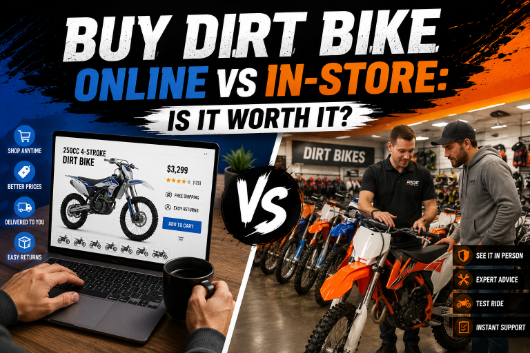 Is It Worth It To Buy A Dirt Bike Online Instead of In-Store? Split-screen graphic comparing buying a dirt bike online versus in-store, highlighting features and showing people shopping in each setting.