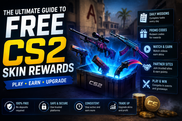 The Ultimate Guide To Free CS2 Skin Rewards A promotional graphic for free CS2 skin rewards shows guns in a case, gold coins, and lists activities like daily missions, promo codes, and watching content to earn in-game items.
