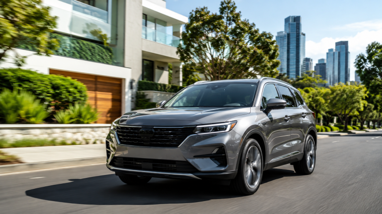 A gray SUV drives down a city street lined with trees and modern buildings on a clear day.