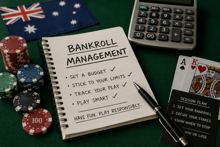 Notebook with "BANKROLL MANAGEMENT" tips, poker chips, calculator, pen, playing cards, and Australian flag on green felt table.