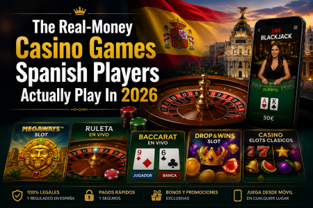 Promotional image for online casino games in Spain, showing roulette, slots, baccarat, and blackjack with Spanish flag and a cityscape in the background.