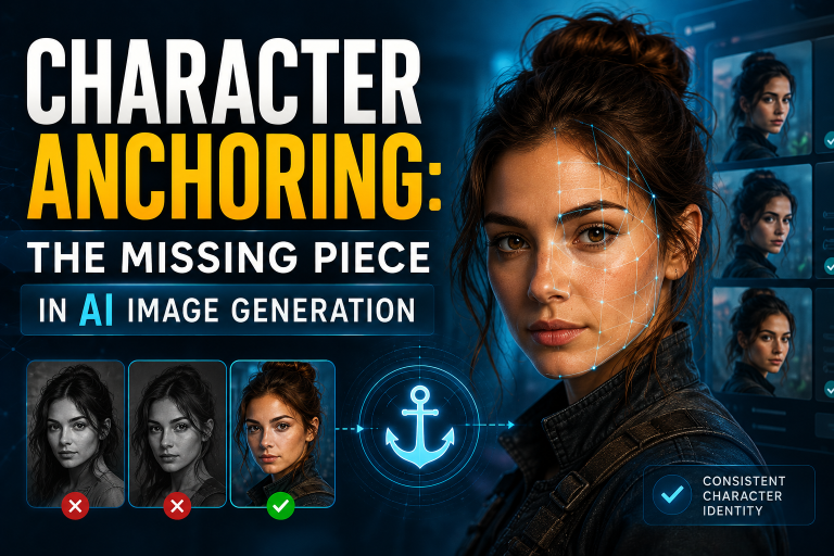 Character Anchoring: The Missing Piece In AI Image Generation A woman’s face is overlaid with facial recognition lines, surrounded by AI-generated portraits, illustrating character consistency in AI image generation.