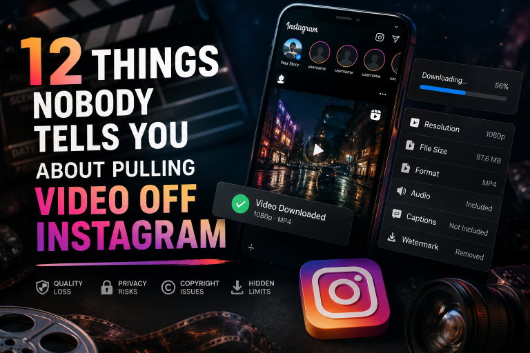 A smartphone shows an Instagram video download in progress, surrounded by film gear, with text listing tips about downloading Instagram videos.