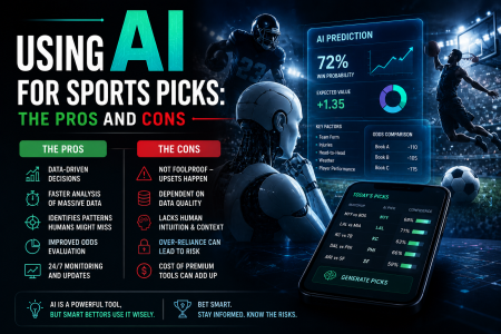 Infographic showing pros and cons of using AI for sports picks, with statistics, icons, and a robot analyzing data on a futuristic interface.