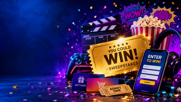 Why Pop Culture Fans Are Getting Into Sweepstakes Gaming (And Why You Might Too) Sweepstakes concept with a golden "You Could Win!" ticket, smartphone entry form, popcorn, gaming items, gift card, admit one ticket, and confetti on a colorful, festive background.