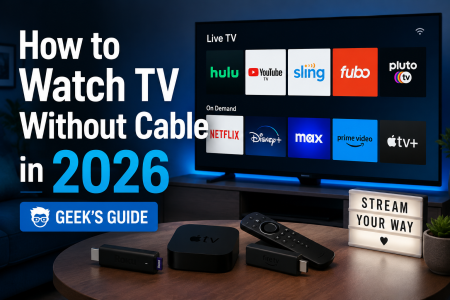 A TV displays streaming apps like Hulu, YouTube TV, Sling, and Netflix. Streaming devices and a lightbox reading "Stream Your Way" are on the table. Text: "How to Watch TV Without Cable in 2026.