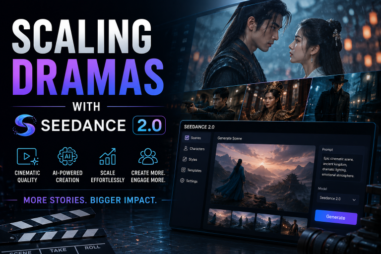 Scaling Dramas With Seedance 2.0 Promo image for Seedance 2.0 software featuring cinematic drama scenes, interface screenshots, and text highlighting AI-powered drama creation and storytelling tools.