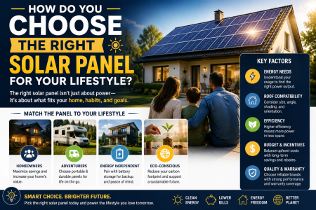 How Do You Choose The Right Solar Panel For Your Lifestyle? Infographic showing how to choose the right solar panel, comparing options for different lifestyles and explaining key factors like energy needs, roof compatibility, efficiency, and incentives.