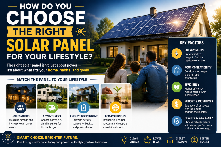How Do You Choose The Right Solar Panel For Your Lifestyle? Infographic showing how to choose the right solar panel, comparing options for different lifestyles and explaining key factors like energy needs, roof compatibility, efficiency, and incentives.