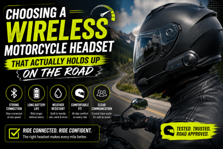 Motorcyclist wearing a wireless headset rides on a winding road; graphic lists headset features like strong connection, long battery life, and weather resistance.