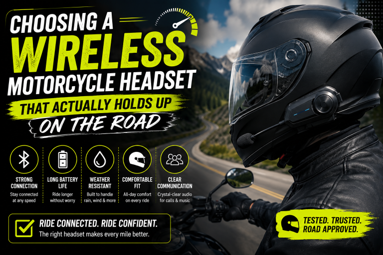 Choosing A Wireless Motorcycle Headset That Actually Holds Up On The Road Motorcyclist wearing a wireless headset rides on a winding road; graphic lists headset features like strong connection, long battery life, and weather resistance.