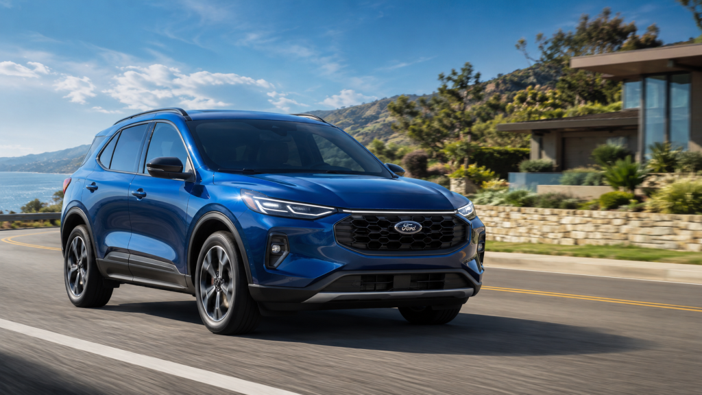 A blue Ford SUV drives on a coastal road with a modern house and ocean in the background under a partly cloudy sky.
