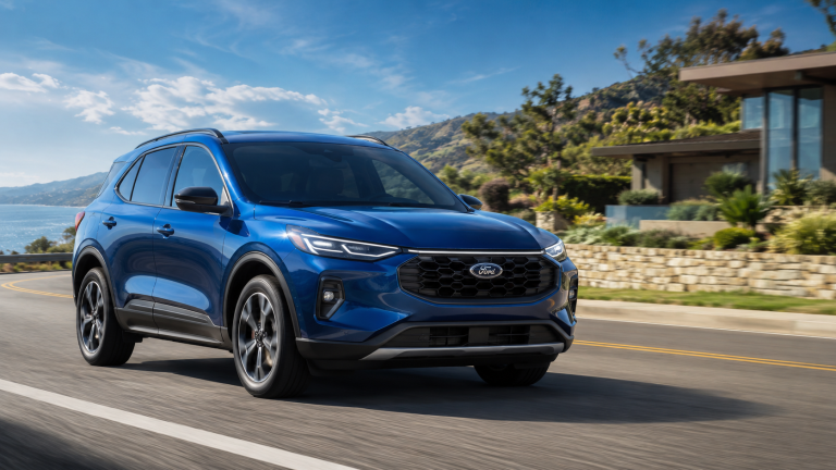 5 Factors To Consider Before Buying A Ford In Missouri A blue Ford SUV drives on a coastal road with a modern house and ocean in the background under a partly cloudy sky.