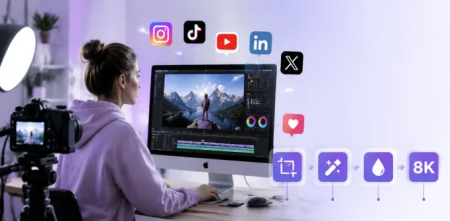 A Complete Guide To Preparing Professional Visual Content For Social Media And Marketing A person edits a mountain landscape photo on a desktop computer, with social media icons and editing tool symbols displayed around them in a modern workspace.