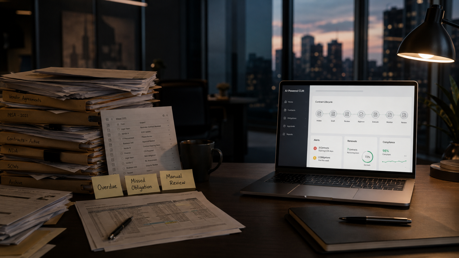 A laptop displaying analytics sits on a desk with paperwork, files, sticky notes, a lamp, a pen, and a city skyline visible through the window at dusk.