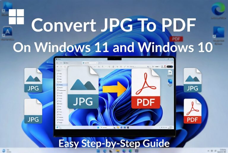 The Best Free Ways To Convert JPG To PDF on Windows 11 And Windows 10 A computer screen displays icons of JPG and PDF files with text: "Convert JPG to PDF on Windows 11 and Windows 10. Easy Step-by-Step Guide.