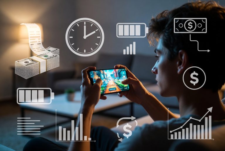 The Real Cost of Mobile Gaming In 2026: What “Free to Play” Is Actually Charging You A person plays a mobile game, with overlay graphics showing money, battery icons, charts, and a clock, suggesting concepts of gaming, time, finance, and energy consumption.