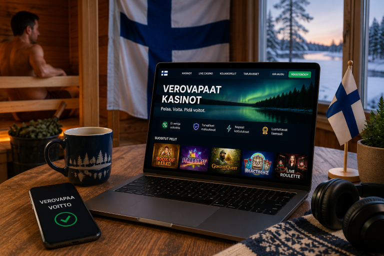 A laptop displaying a casino website sits on a table in a wooden cabin with a Finnish flag and snowy outdoor view; a man is in the sauna background.
