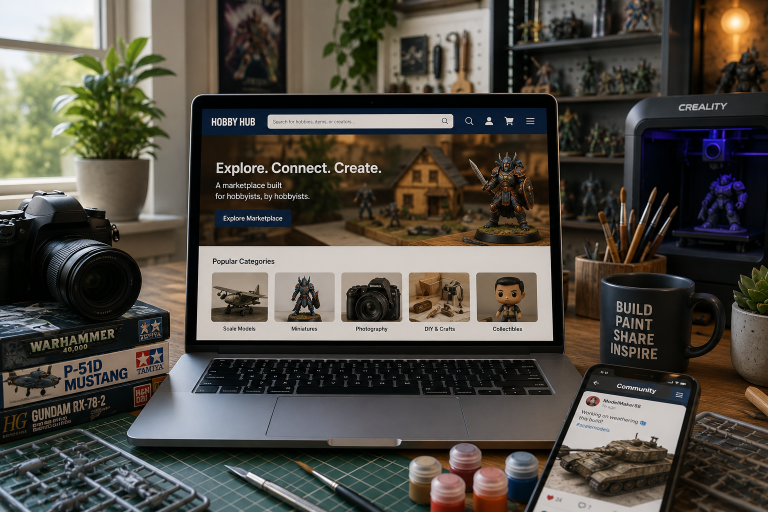 From Stable To Startup: How Niche Hobby Communities Are Building The Next Generation of Online Marketplaces A laptop displays a hobby marketplace website, surrounded by paints, brushes, a phone, a mug, and model kits in a workspace with natural light.