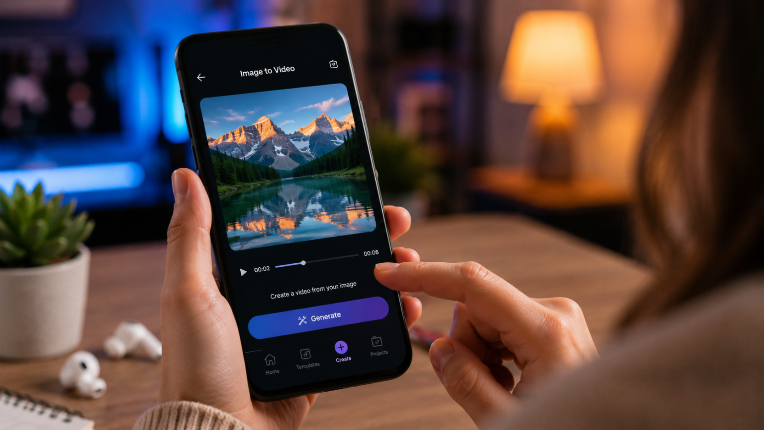 Why Is Image To Video Becoming Popular on Smartphones? A person uses a smartphone app to create a video from an image of a mountain lake, with the "Generate" button highlighted on the screen.