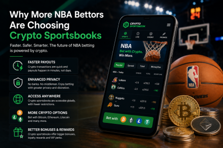 Why More NBA Bettors Are Choosing Crypto Sportsbooks A mobile phone displays a crypto sportsbook app, surrounded by a basketball, NBA-branded court, a gold Bitcoin, and a gold Ethereum coin. Text lists benefits of crypto sportsbooks for NBA bettors.