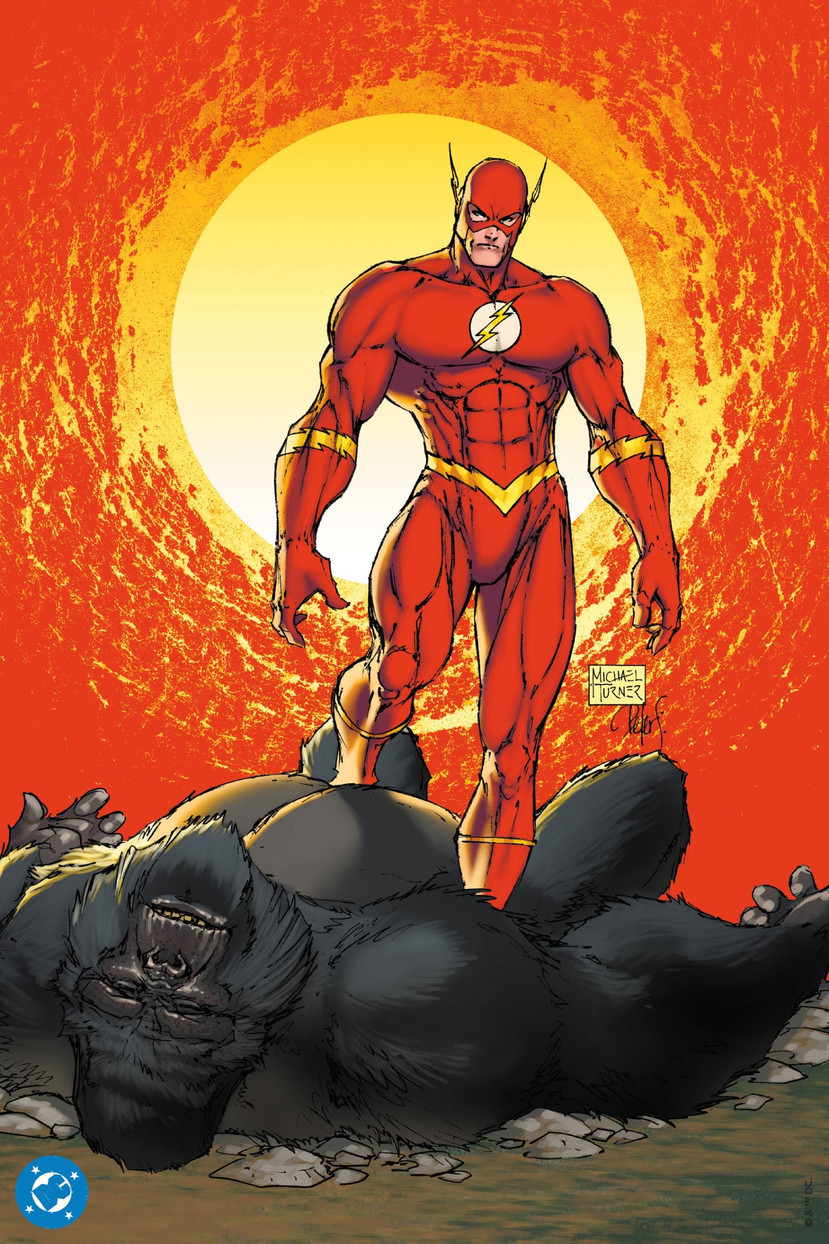 The Flash stands confidently in front of a glowing sun, with a defeated gorilla lying on the ground beneath him.