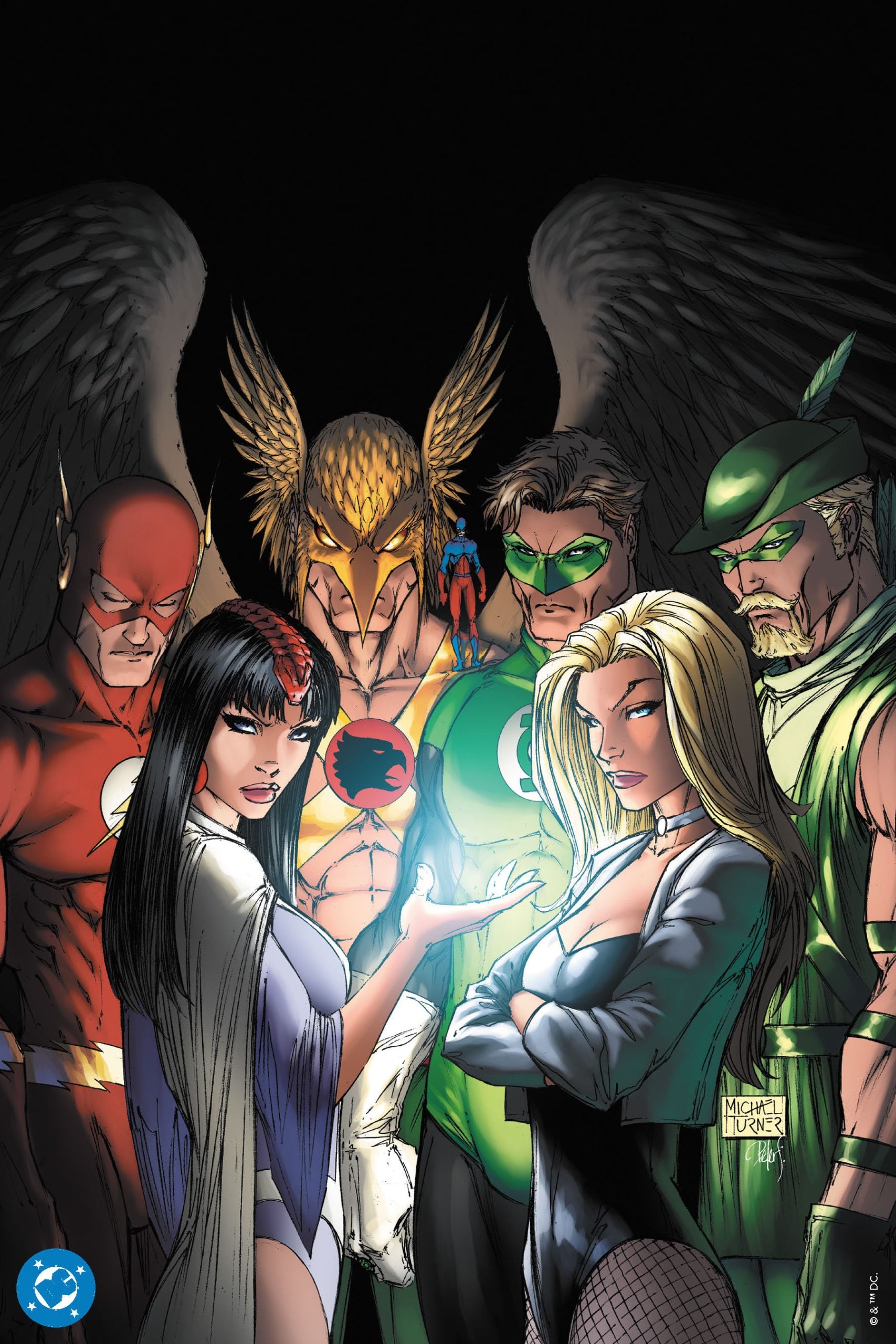 A group of six DC Comics superheroes, including the Flash, Zatanna, Hawkman, Atom, Green Lantern, Black Canary, and Green Arrow, stand together against a dark background.