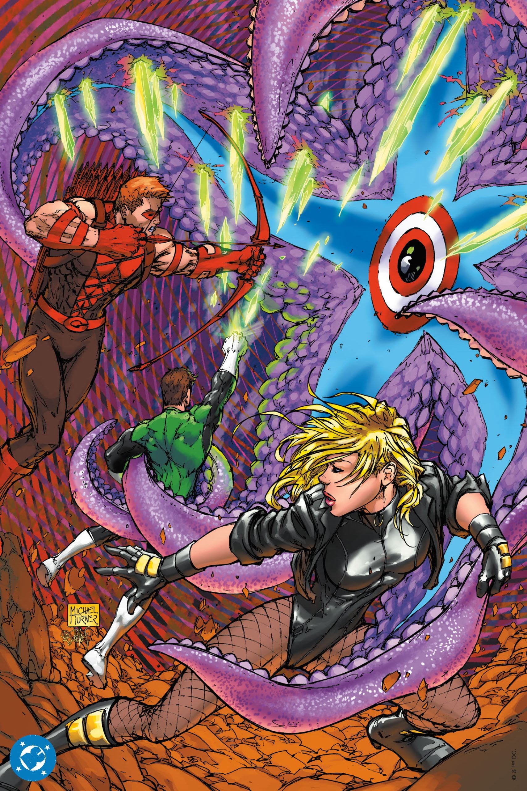 Three superheroes fight a giant multi-tentacled monster with a large blue shuriken embedded in its body in a comic book action scene.